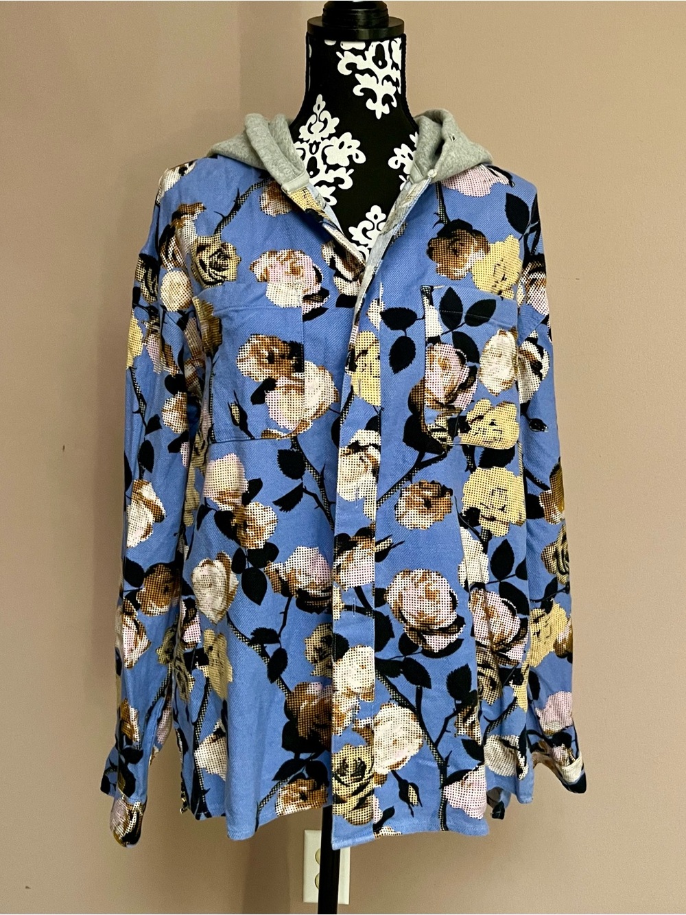 URBAN OUTFITTERS Blue Floral Hooded Button-Down Cotton Shacket